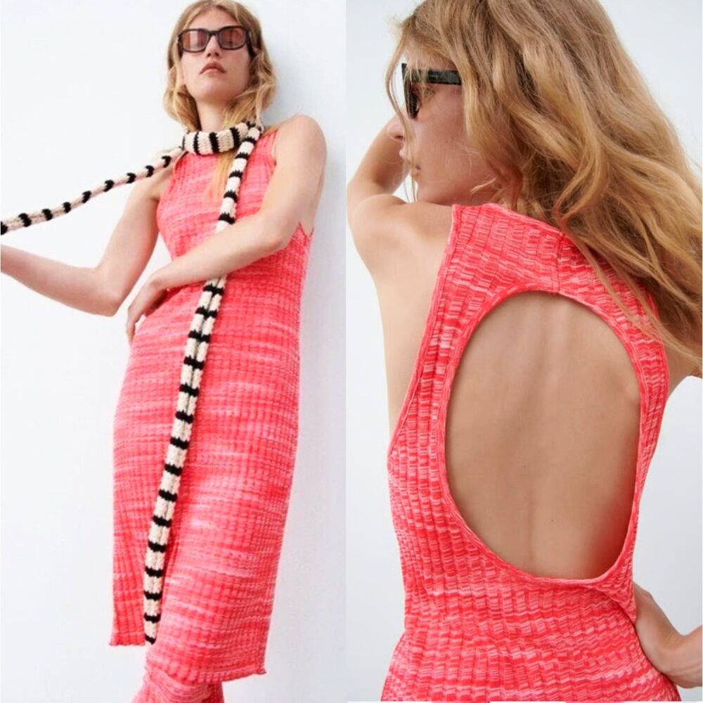 ZARA Pink Ribbed Knit Midi Dress (M) Keyhole Open Back Stretch Sleeveless Tank